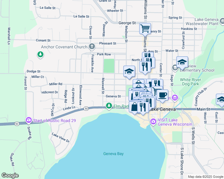 map of restaurants, bars, coffee shops, grocery stores, and more near 322 Warren Street in Lake Geneva