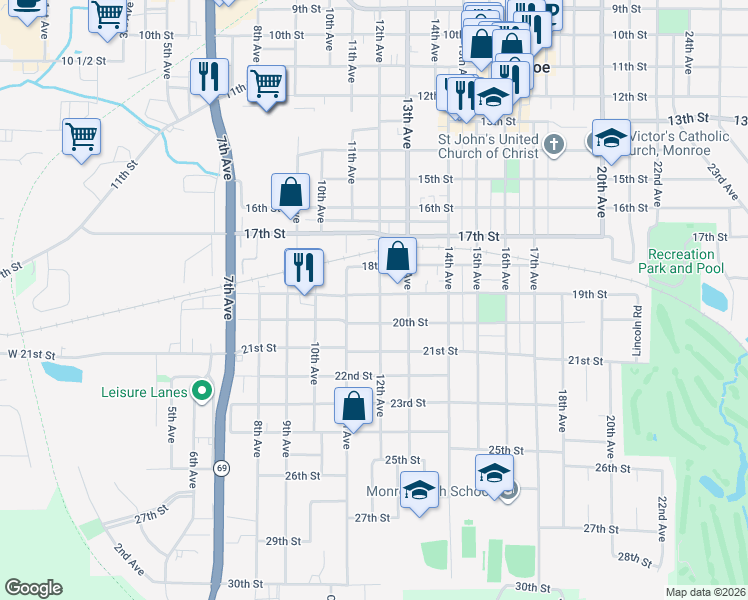 map of restaurants, bars, coffee shops, grocery stores, and more near 1203 19th Street in Monroe