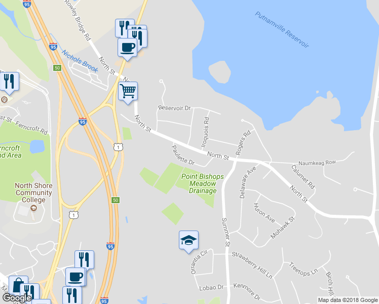 map of restaurants, bars, coffee shops, grocery stores, and more near 118 North Street in Danvers