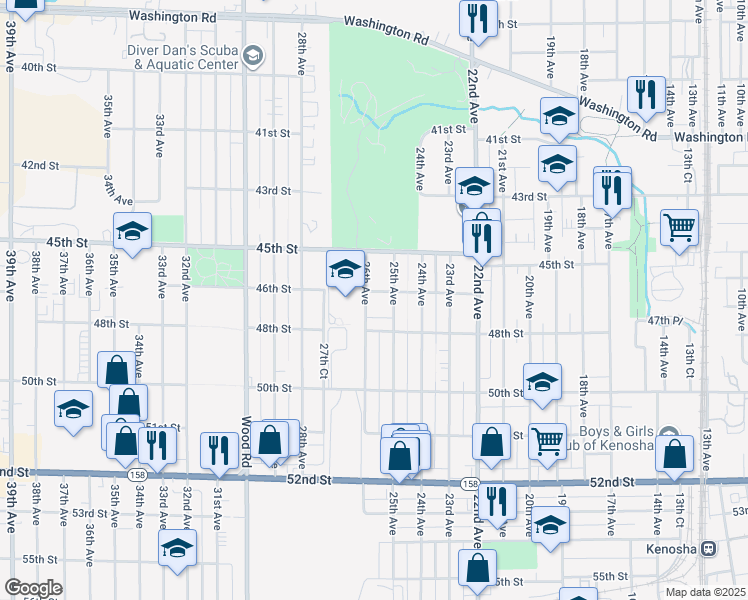 map of restaurants, bars, coffee shops, grocery stores, and more near 2517 46th Street in Kenosha
