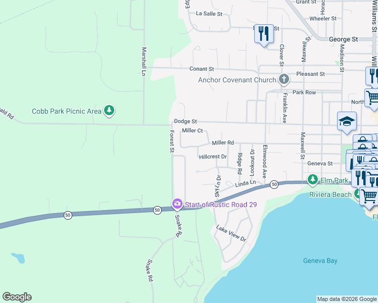 map of restaurants, bars, coffee shops, grocery stores, and more near 1815 Miller Road in Lake Geneva