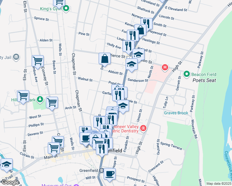 map of restaurants, bars, coffee shops, grocery stores, and more near 9 Garfield Street in Greenfield