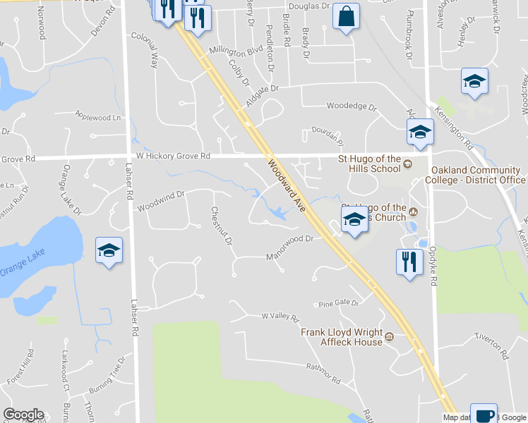 map of restaurants, bars, coffee shops, grocery stores, and more near 567 Barrington Park in Bloomfield Hills