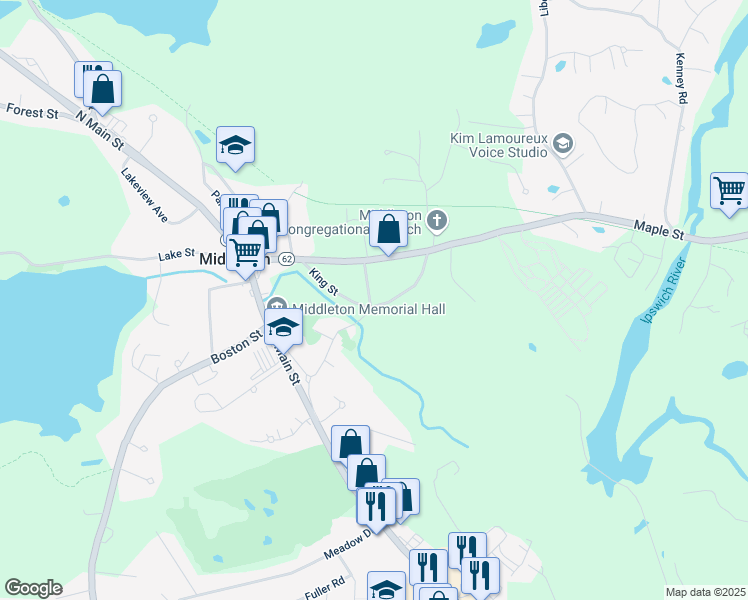 map of restaurants, bars, coffee shops, grocery stores, and more near 30 King Street in Middleton
