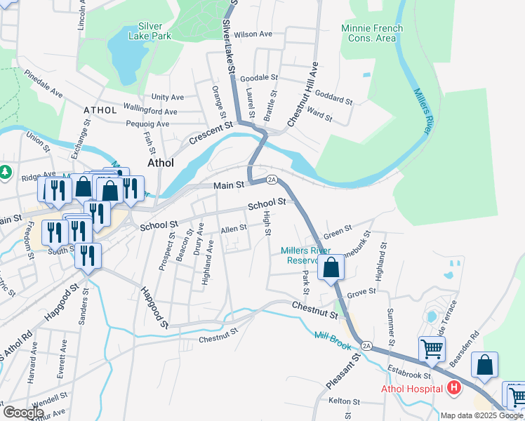 map of restaurants, bars, coffee shops, grocery stores, and more near 479 School Street in Athol