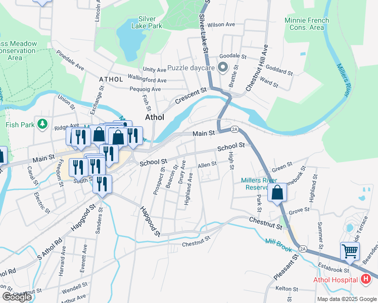 map of restaurants, bars, coffee shops, grocery stores, and more near 57 Riverbend Street in Athol