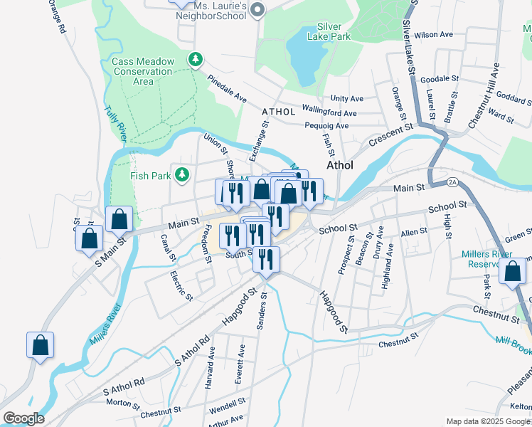 map of restaurants, bars, coffee shops, grocery stores, and more near 435 Main Street in Athol