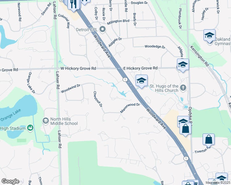 map of restaurants, bars, coffee shops, grocery stores, and more near 567 Barrington Park in Bloomfield Hills