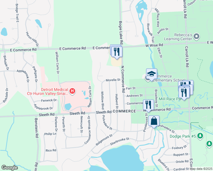 map of restaurants, bars, coffee shops, grocery stores, and more near 4902 Sundew Street in Commerce Charter Township