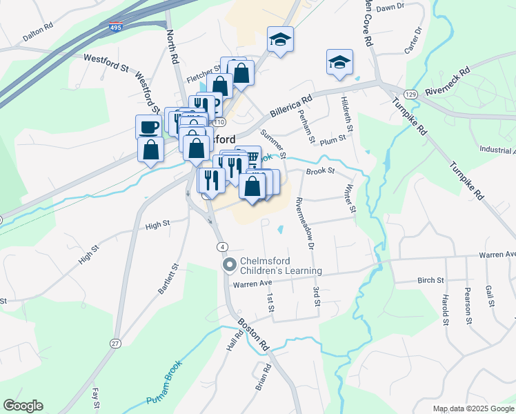 map of restaurants, bars, coffee shops, grocery stores, and more near 5 Summer Street in Chelmsford