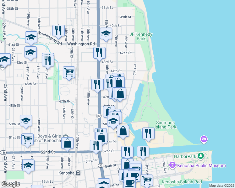 map of restaurants, bars, coffee shops, grocery stores, and more near 7th Avenue in Kenosha