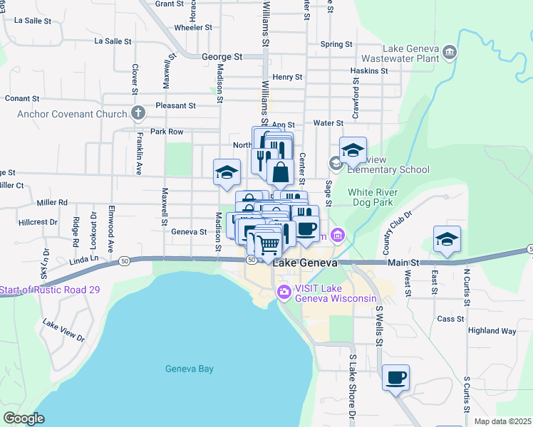 map of restaurants, bars, coffee shops, grocery stores, and more near 330 Broad Street in Lake Geneva