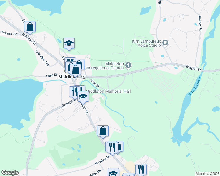 map of restaurants, bars, coffee shops, grocery stores, and more near 30 King Street in Middleton