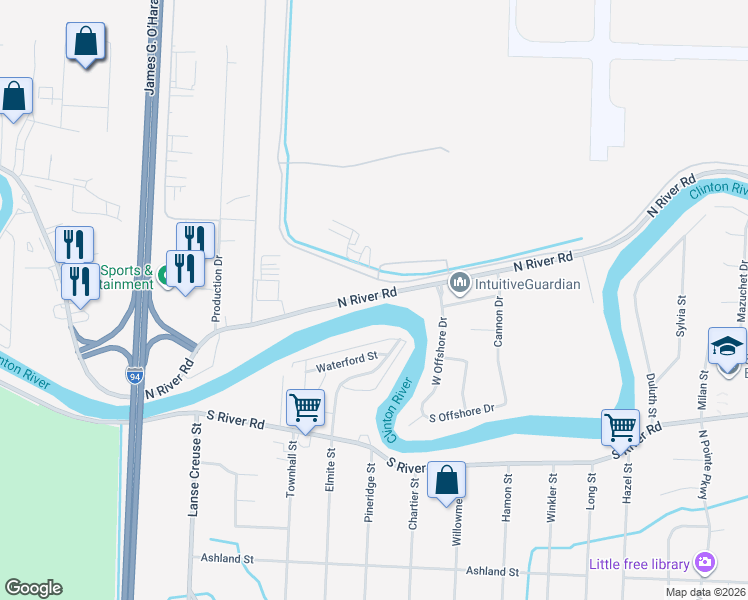 map of restaurants, bars, coffee shops, grocery stores, and more near 26162 North River Road in Harrison charter Township