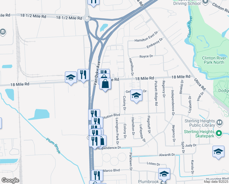 map of restaurants, bars, coffee shops, grocery stores, and more near 40742 Van Dyke Avenue in Sterling Heights