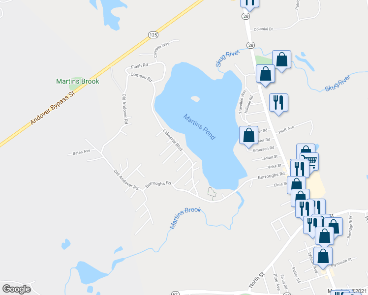 map of restaurants, bars, coffee shops, grocery stores, and more near 37 Lakeside Boulevard in North Reading