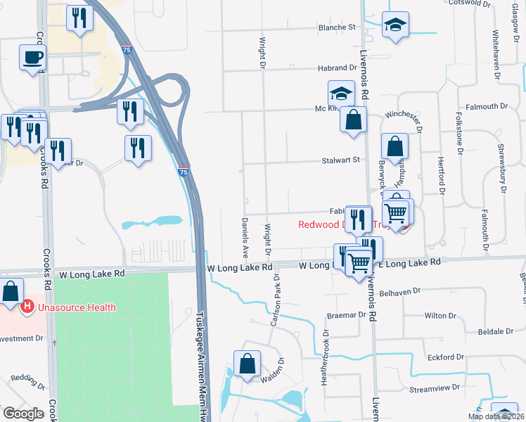 map of restaurants, bars, coffee shops, grocery stores, and more near 5205 Wright Drive in Troy