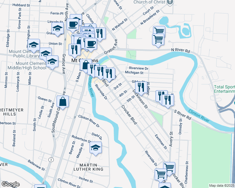 map of restaurants, bars, coffee shops, grocery stores, and more near 95 Crocker Boulevard in Mount Clemens
