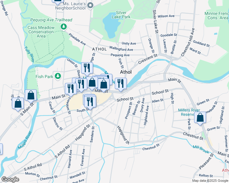 map of restaurants, bars, coffee shops, grocery stores, and more near 568 Main Street in Athol
