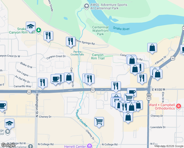 map of restaurants, bars, coffee shops, grocery stores, and more near 1846 Harrison Street North in Twin Falls