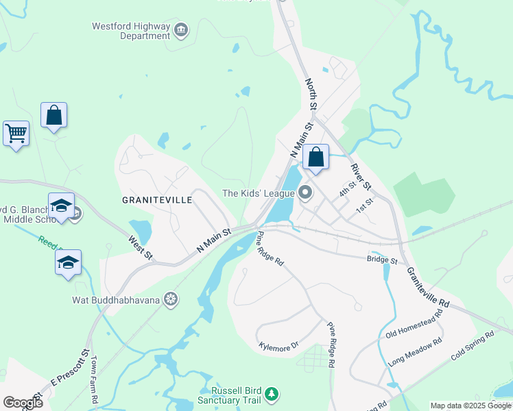 map of restaurants, bars, coffee shops, grocery stores, and more near 35 North Main Street in Westford