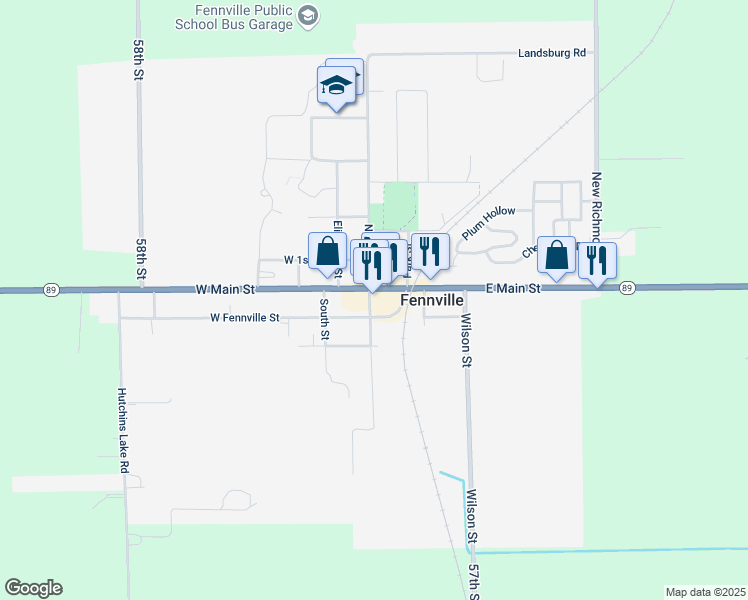 map of restaurants, bars, coffee shops, grocery stores, and more near 118 East Main Street in Fennville