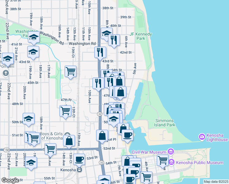 map of restaurants, bars, coffee shops, grocery stores, and more near 4609 7th Avenue in Kenosha