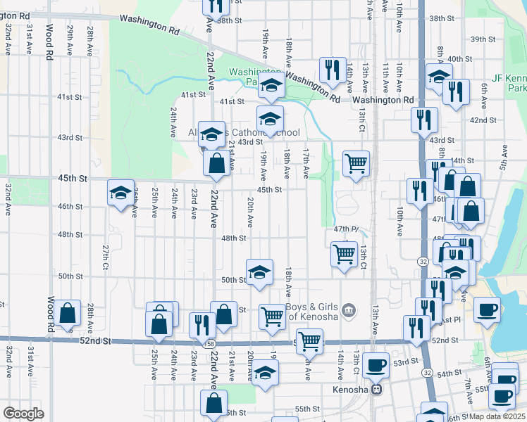 map of restaurants, bars, coffee shops, grocery stores, and more near 4526 19th Avenue in Kenosha