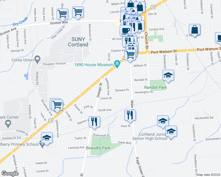 map of restaurants, bars, coffee shops, grocery stores, and more near 17 Reynolds Avenue in Cortland