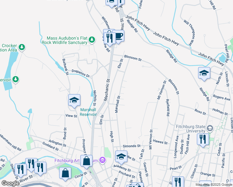 map of restaurants, bars, coffee shops, grocery stores, and more near 39 Oxford Street in Fitchburg