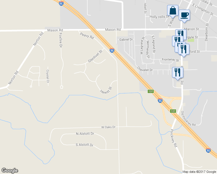 map of restaurants, bars, coffee shops, grocery stores, and more near 540 Hewitt Street in Howell