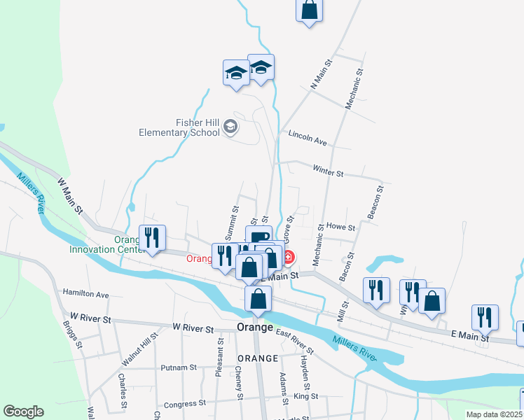 map of restaurants, bars, coffee shops, grocery stores, and more near 85 North Main Street in Orange