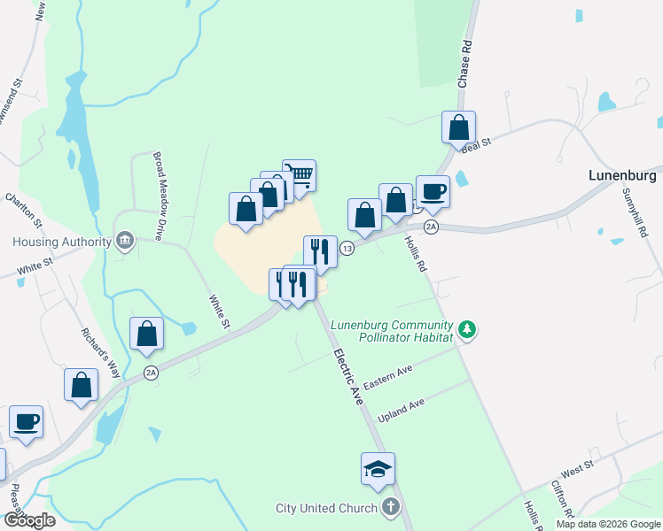 map of restaurants, bars, coffee shops, grocery stores, and more near 338 Massachusetts 13 in Lunenburg