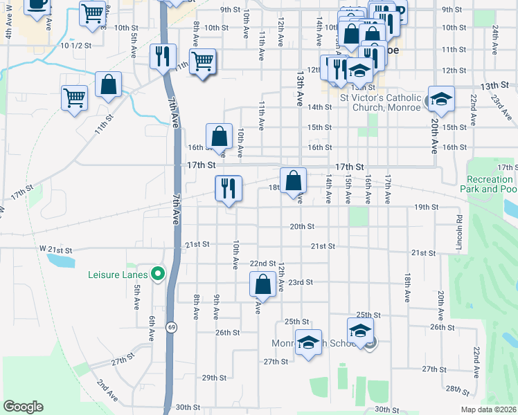 map of restaurants, bars, coffee shops, grocery stores, and more near 1106 19th Street in Monroe