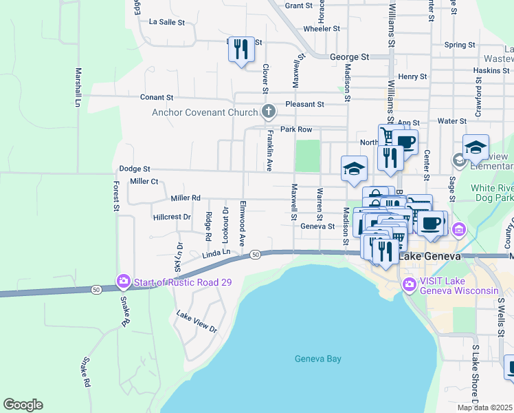 map of restaurants, bars, coffee shops, grocery stores, and more near 255 Elmwood Avenue in Lake Geneva