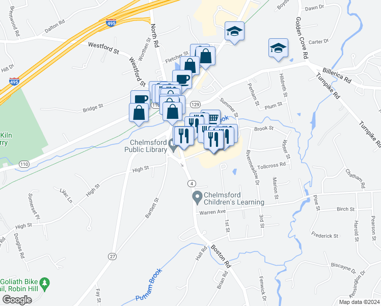 map of restaurants, bars, coffee shops, grocery stores, and more near 2 Summer Street in Chelmsford