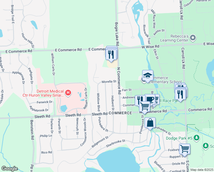 map of restaurants, bars, coffee shops, grocery stores, and more near 4902 Sundew Street in Commerce Charter Township
