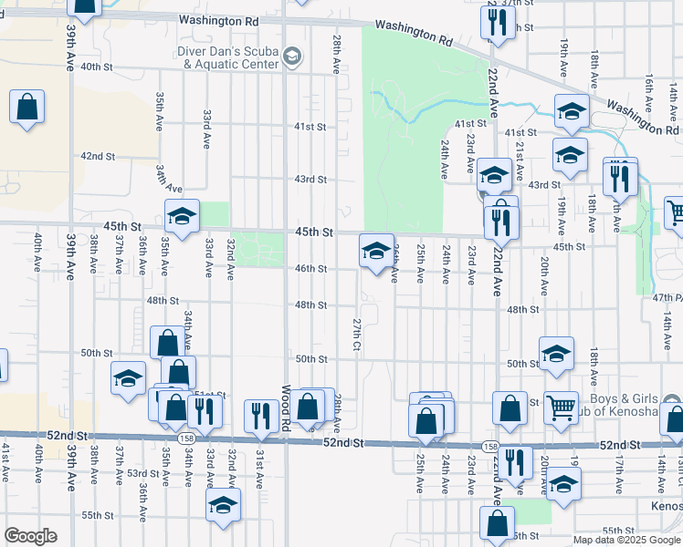 map of restaurants, bars, coffee shops, grocery stores, and more near 4603 28th Avenue in Kenosha