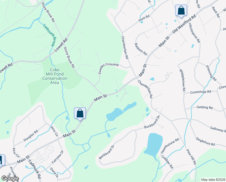 map of restaurants, bars, coffee shops, grocery stores, and more near 164 Main Street in Westford