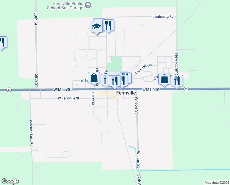 map of restaurants, bars, coffee shops, grocery stores, and more near 220 East Main Street in Fennville