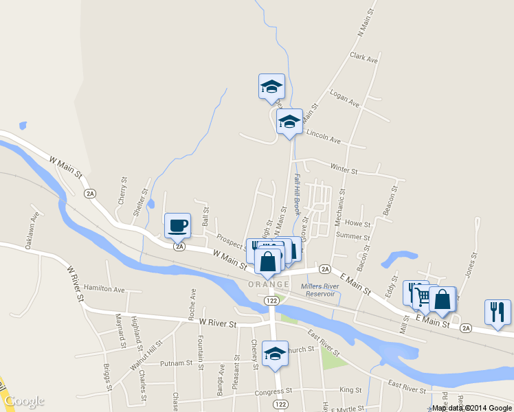 map of restaurants, bars, coffee shops, grocery stores, and more near 58 Summit St in Orange