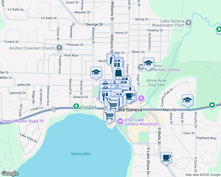 map of restaurants, bars, coffee shops, grocery stores, and more near 330 Broad Street in Lake Geneva