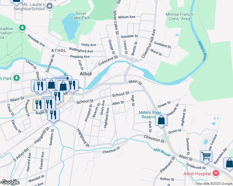 map of restaurants, bars, coffee shops, grocery stores, and more near 378 School Street in Athol