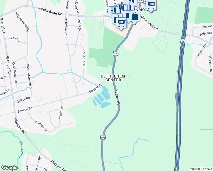 map of restaurants, bars, coffee shops, grocery stores, and more near 16 Beacon Road in Glenmont