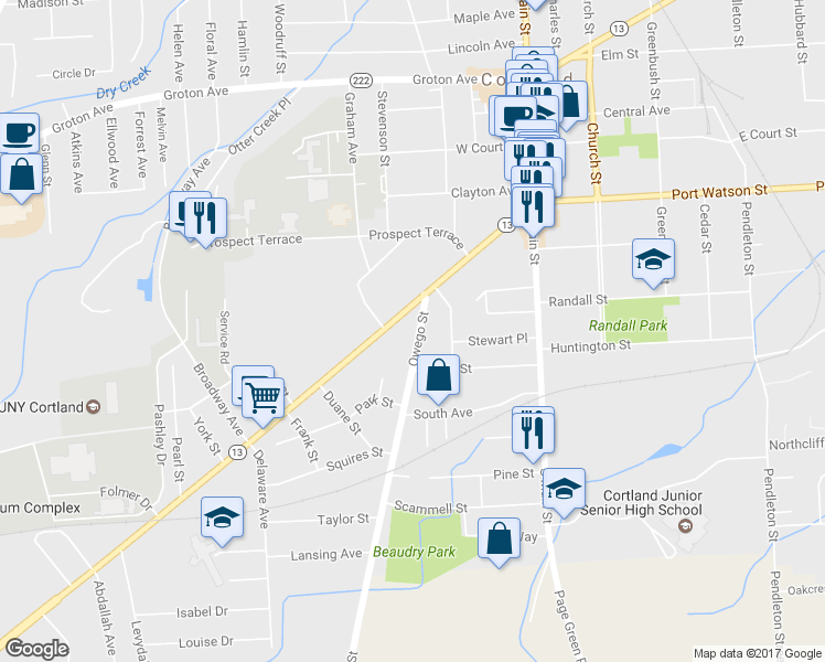 map of restaurants, bars, coffee shops, grocery stores, and more near 16 Owego Street in Cortland