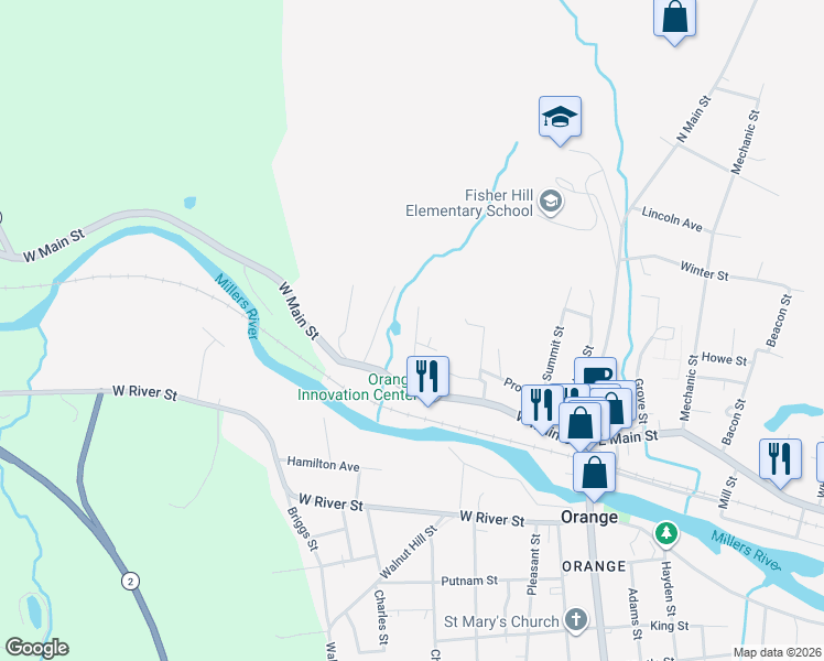 map of restaurants, bars, coffee shops, grocery stores, and more near 23 Cottage Street in Orange