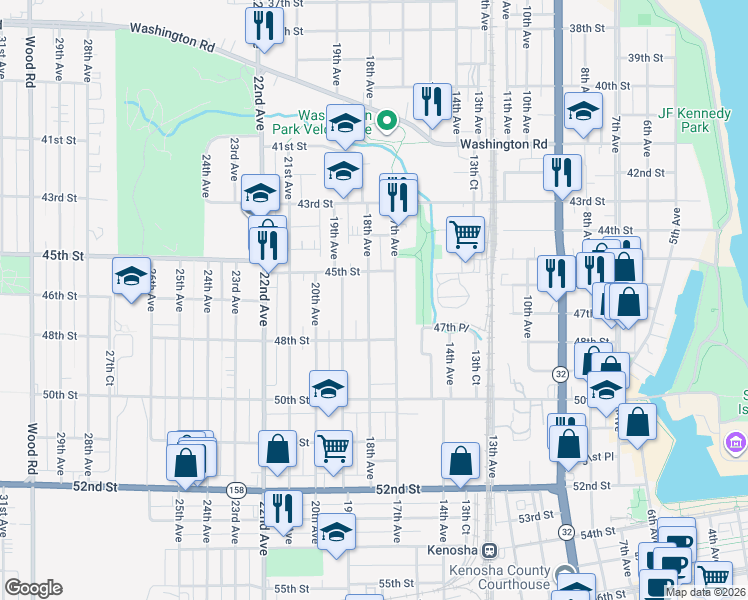 map of restaurants, bars, coffee shops, grocery stores, and more near 4529 18th Avenue in Kenosha