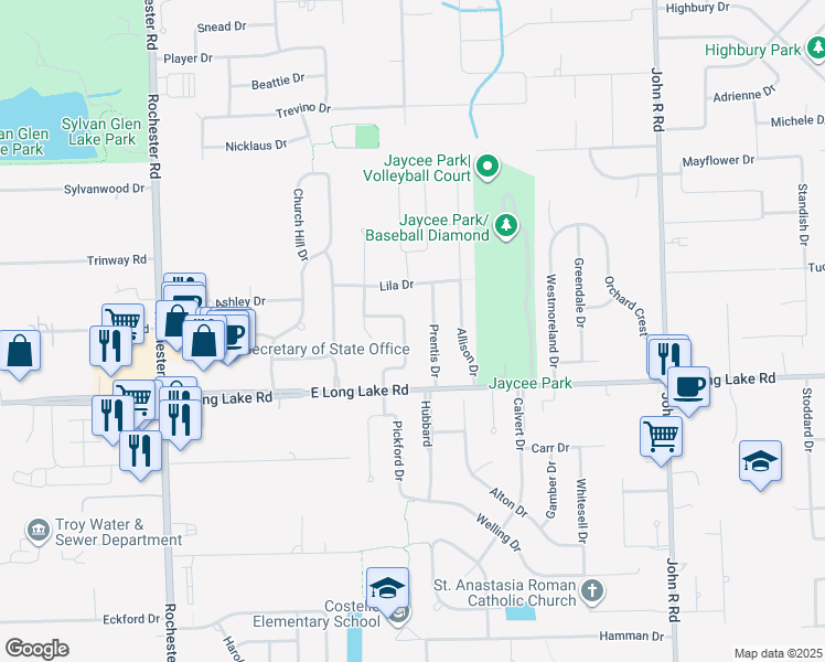 map of restaurants, bars, coffee shops, grocery stores, and more near 5108 Tyler Drive in Troy