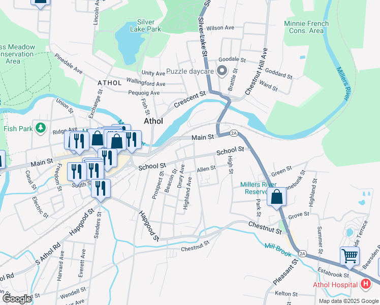 map of restaurants, bars, coffee shops, grocery stores, and more near 57 Riverbend Street in Athol