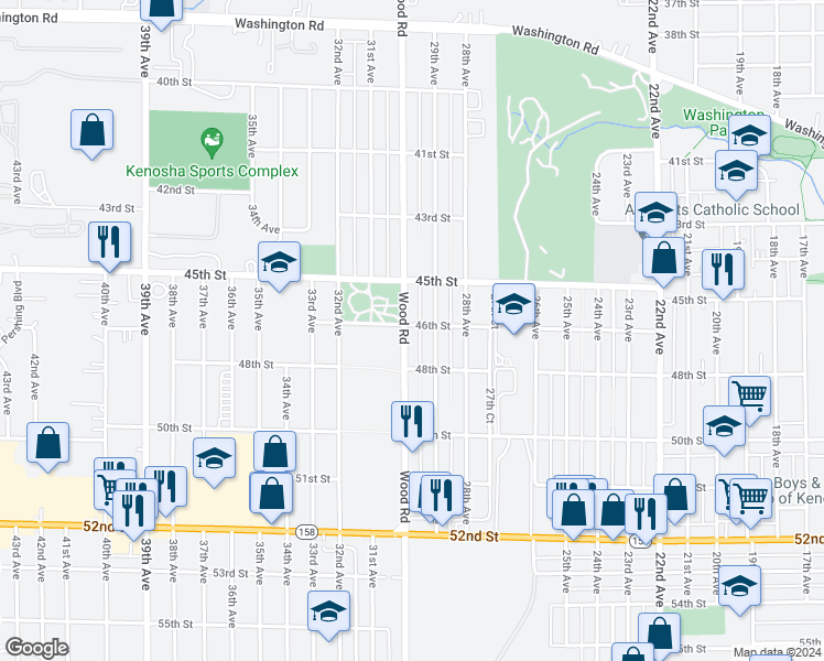 map of restaurants, bars, coffee shops, grocery stores, and more near 2925 46th Street in Kenosha